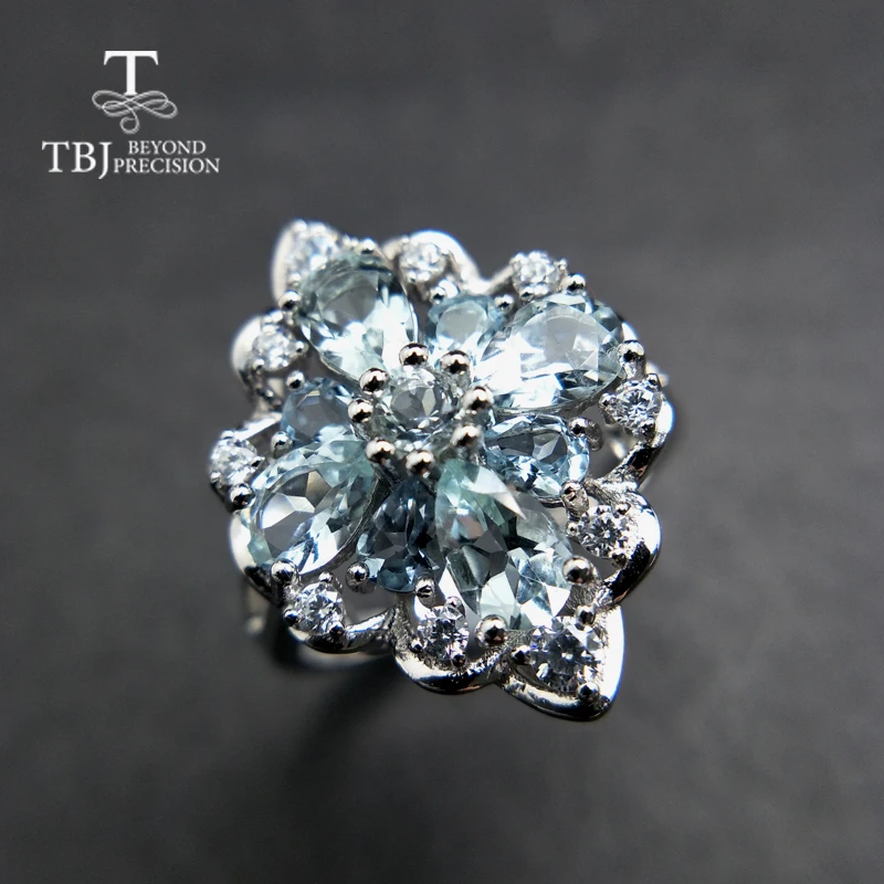 

TBJ,100% natural 3ct Brazil aquamarine gemstone ring in 925 sterling silver precious stone jewelry for lady with gift box