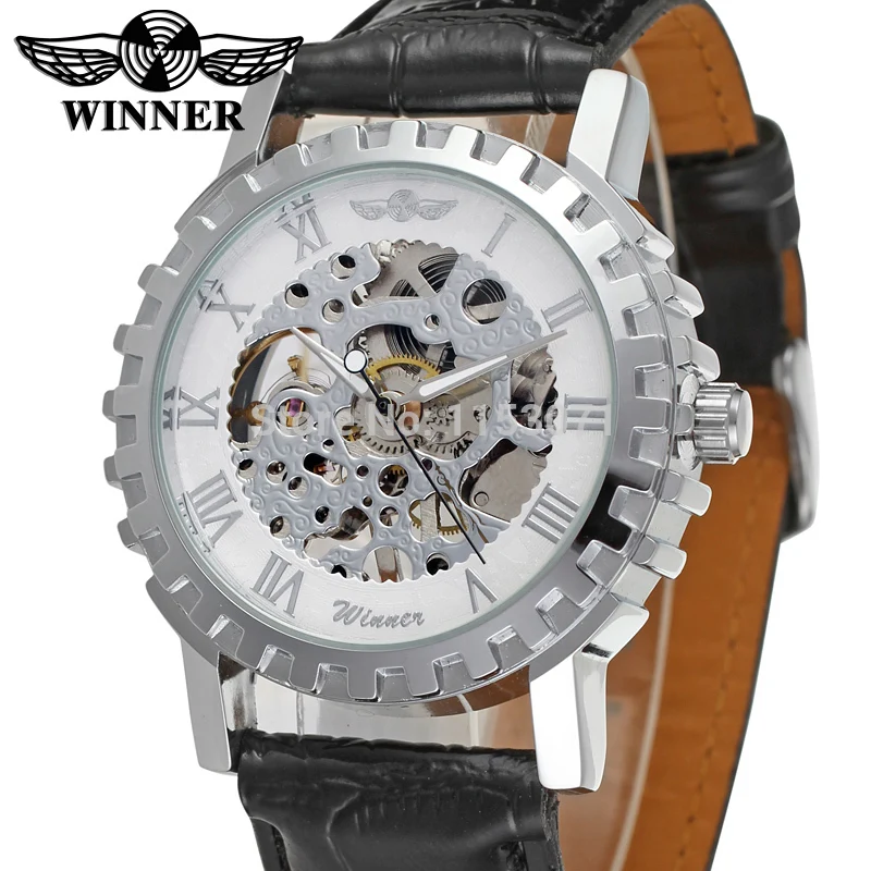 Часы наручные Winner Мужские механические люксовые черные часы скелетоны с кожаным