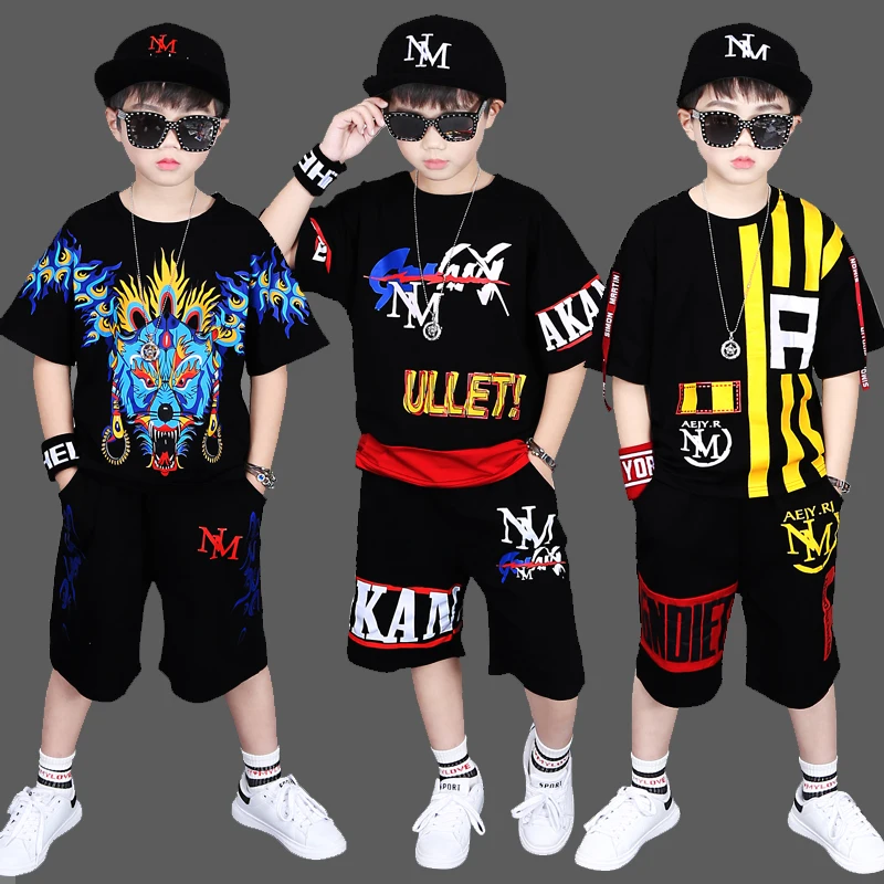 

New Boys Summer Streetwear Clothes Children's Hip Hop Clothing Set Kids Fashion Printing Dancing Costume T-shirt + Shorts X403
