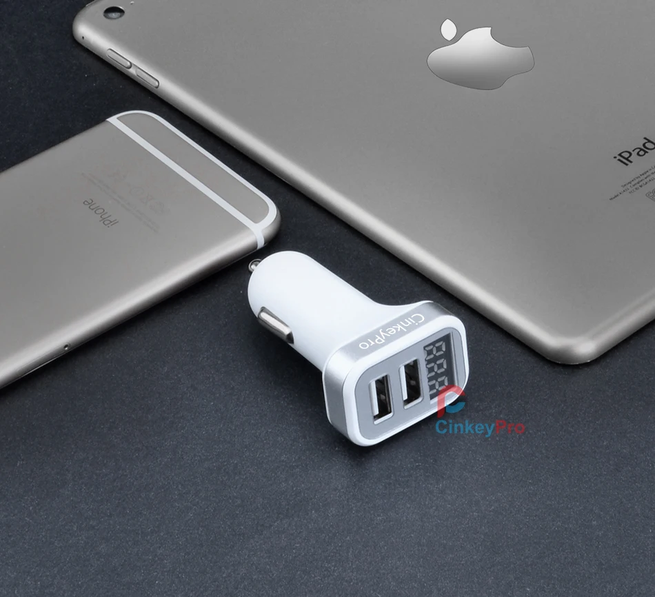 CinkeyPro 2 порта USB Автомобильное зарядное устройство с светодиодный экран алюминиевый автомобильное зарядное устройство мобильный телефон универсальный для iPhone samsung Зарядка