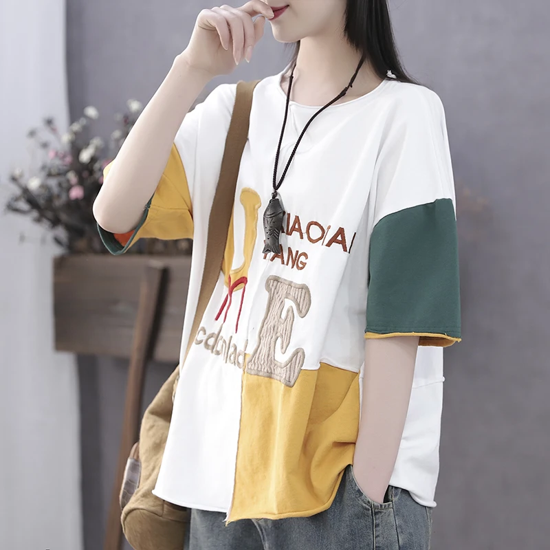 Women Summer Fashion Brand China Style Vintage Patchwork Letter Embroidery Short Sleeve T-shirt Female Casual Loose Tee Tshirts