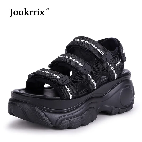 Jookrrix/женские пляжные сандалии, коллекция года, женские белые сандалии на платформе, увеличивающие рост, на каблуке 7 см, модные брендовые сандалии на высокой толстой подошве, черные сандалии - Цвет: Черный