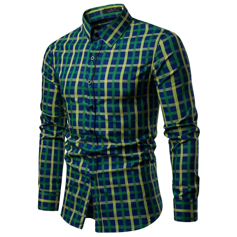 Green Yellow Blue WSGYJ мужская клетчатая рубашка с длинным рукавом, хлопковые рубашки, модная повседневная клетчатая рубашка, мужская одежда - Цвет: Green Yellow Blue