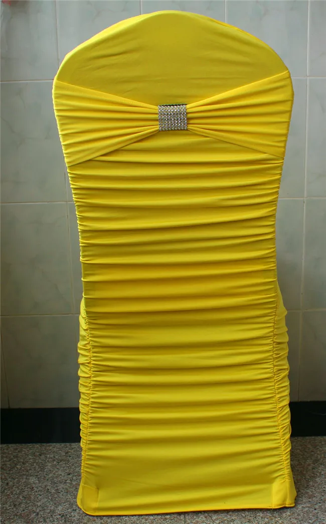 

2/2---100PCS Ruffled Lycra/Spandex Chair Covers With Band And Silver Diamond Mesh Buckle For Wedding Decoration & Party