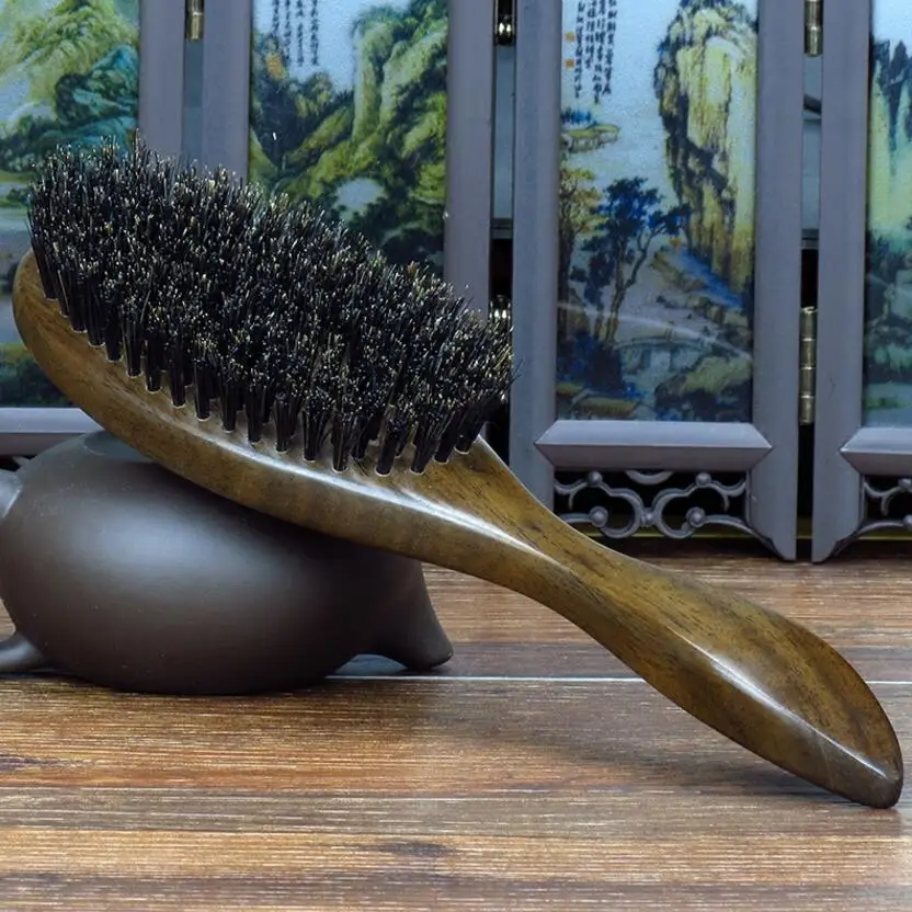 Natural Sandalwood Fine Comb Anti-Static Care Brush head Natural Wild Boar Bristles Hair Brush Green Sandalwood Hair D50 professional health care comb anti static massage green sandalwood comb handmade bamboo hair brush wedding birthday gift
