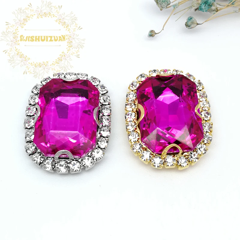 

Rose red Rectangle Glass Crystal sew on rhinestone with Crystal buckle Diy wedding dress Mobile Accessories