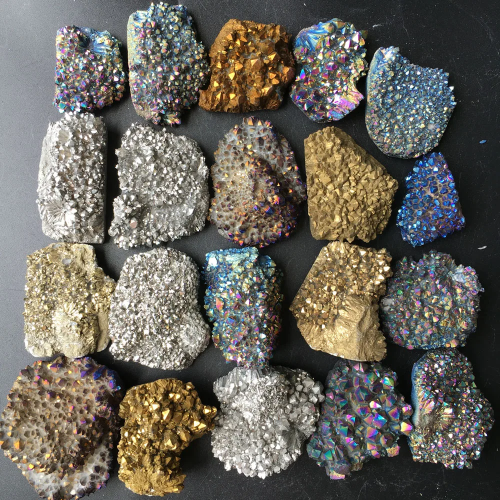 

869 г, 20 шт., много цветов, кварцевый кристалл Aura, титановый висмут, силиконовый кластер радуги