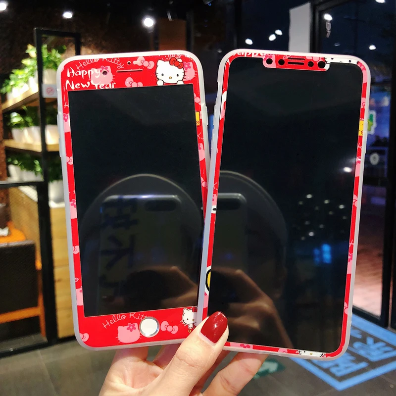 Cute Hello Kitty case For iPhone XS max XR X &amp Tempered Glass Screen film Red KT Soft Cover for 8 8plus 7 7P 6 6S 6SP |
