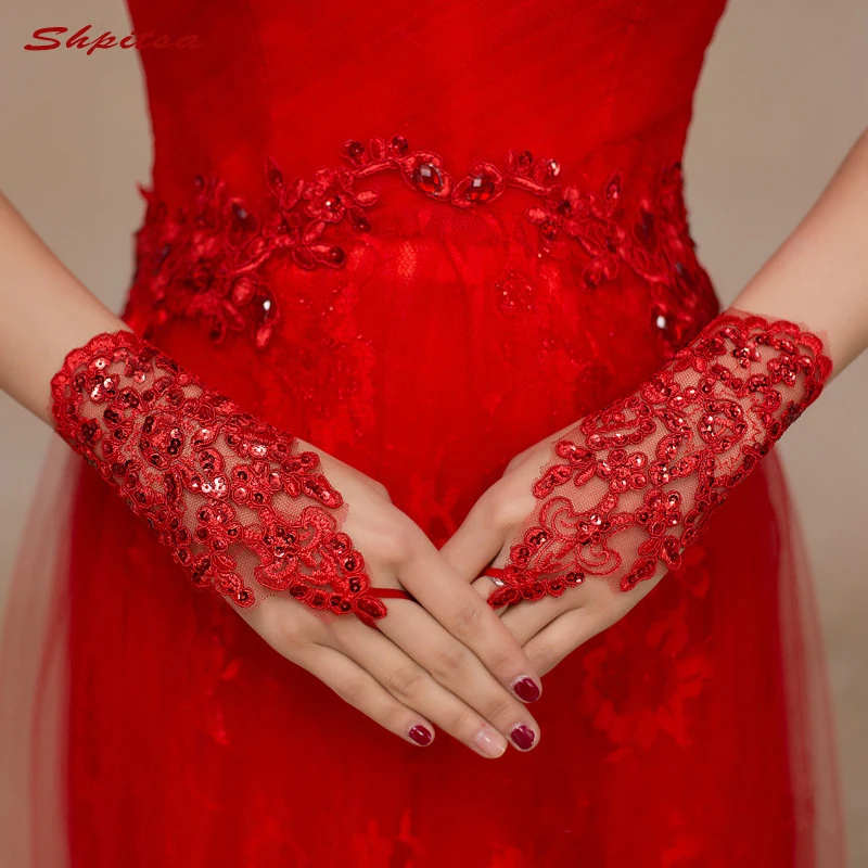 

Red Short Lace Wedding Gloves for Bride Fingerless Women Bridal Gloves
