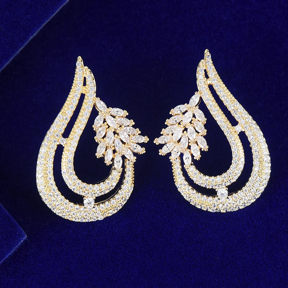 GODKI 31mm Trendy Luxury Waterdrop Stud Earring with Full Micro Cubic Zircon for Women Wedding - 3 Tone, CZ African Dubai Bridal Earring image 3
