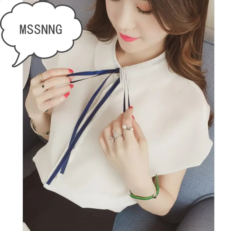 Свободная маленькая свежая шифоновая рубашка с коротким рукавом и бантом