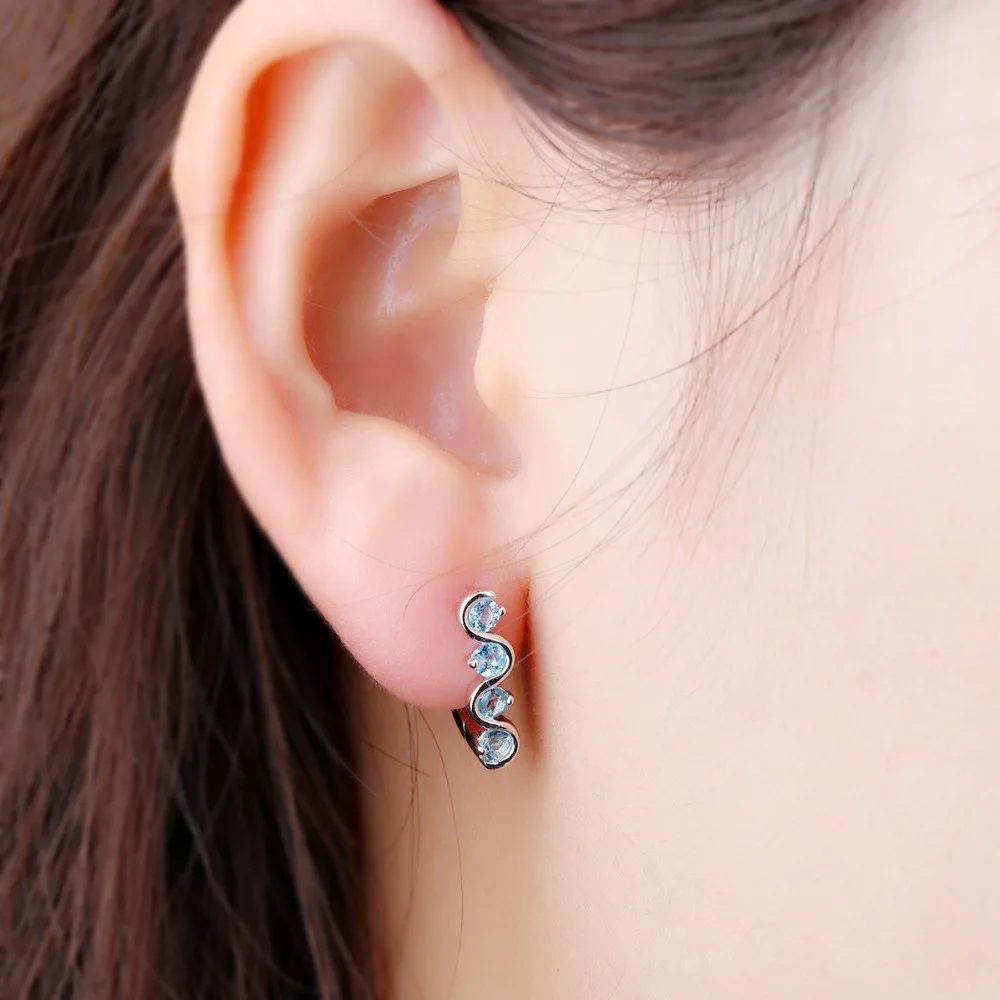Hutang Blue Topaz Clip Earrings Natural Gemstone Solid 925 Sterling Silver Fine Fashion Stone Jewelry for Women's Best Gift