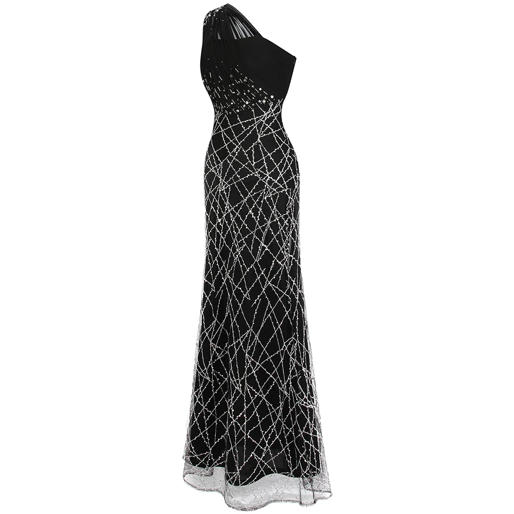 Angel-fashions Women's One Shoulder Evening Dresses Pleat Beading Sequin Mermaid Party Gown Black 391