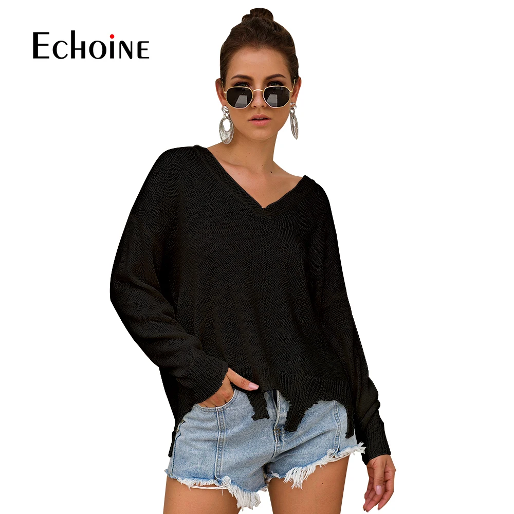 Casual New Loose Tassel Sweater Women V-Neck 2019 Fall Winter Fashion Long Sleeve Knit Pullovers Jumper Sexy Oversized Sweaters | Женская