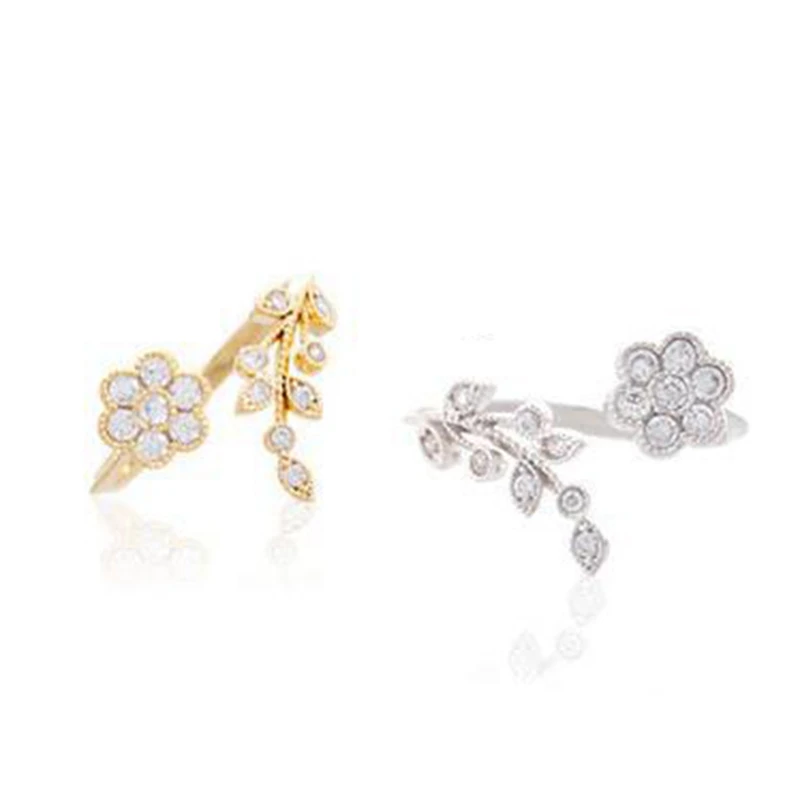 Korean Twisted Leaves Flower Rhinestone Open Ring Gold Silver Color Finger For Women Statement Adjustable Wholesale | Украшения и