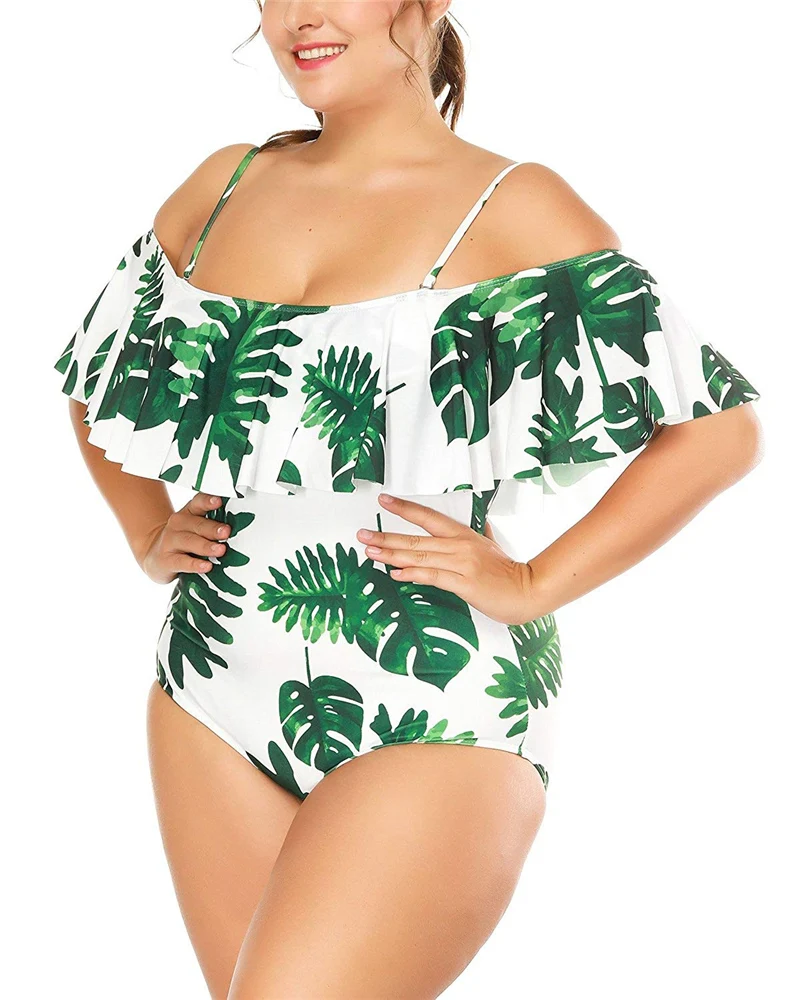 Plus Size Women One Piece Monokini Padded Bikini Floral Print Ruffle Swimwear Beach Off Shoulder Swimsuit Bathing | Спорт и