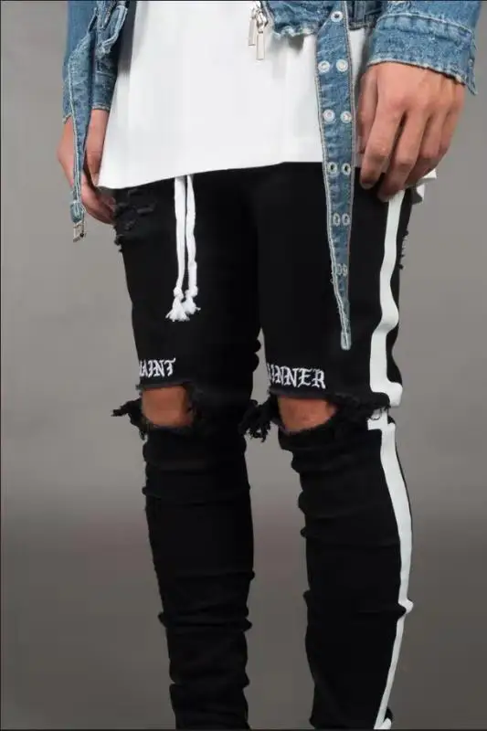 Новые мужские джинсы Pantalones уличные черные отверстия дизайнерские белые полосы