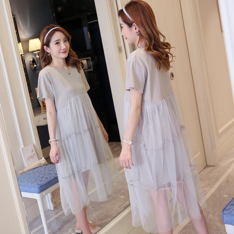 Платье для беременных женщин с коротким рукавом и круглым вырезом хлопковое