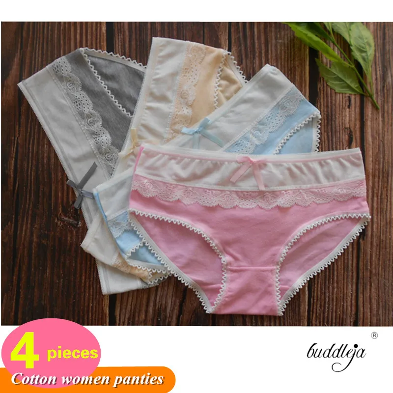 

4 pieces Cotton Panties Woman Underwear Sexy Fashion Briefs Fancy Lace female Bow underpants Pink Sky blue