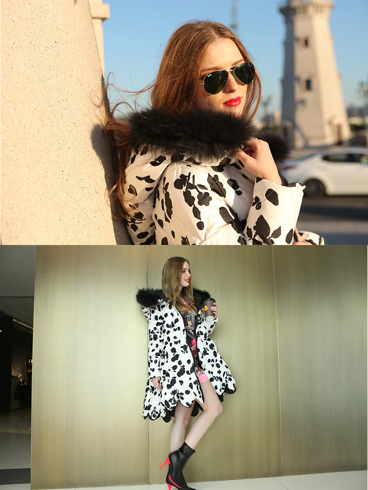 Women Winter down coat brand design down parkas women giraffe print fur collar lacecollar hem duck down long jackets coats