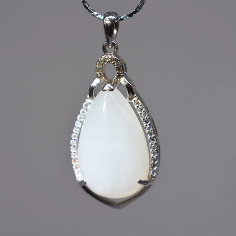 

S925 Silver Jade Necklace DropShipping Hand-carved Lucky Amulet Jewelry XinJiang Hetian Jade Water Drop Pendant Gift