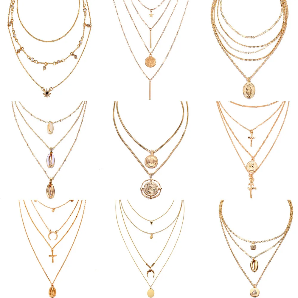 

Bohemian Multilayer Pendant Necklace for Women Fashion, Geometric Charm Chain Necklace Wholesale Jewelry