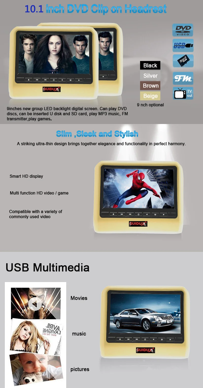 QUIDUX 10,1 дюймов HD Автомобильный подголовник dvd-плеер подголовник TFT lcd экран RCA монитор аудио видео Encosto de Cabeca com DVD
