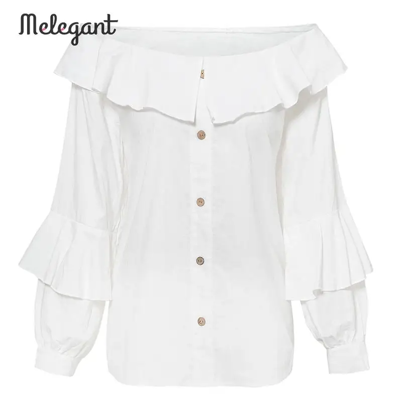 Melegant Solid Elegant White Women Blouse Shirt Sexy One Shoulder Blouses Tops Lantern Sleeve |