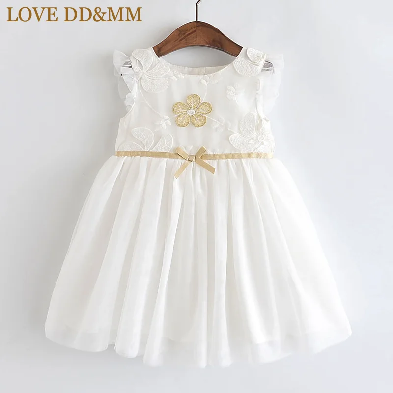 Белый Платья для девочек с надписью «LOVE DD& MM» Новинка года, летняя детская одежда милое пышное платье принцессы с рукавами-лепестками и цветочной вышивкой для девочек - Цвет: Белый