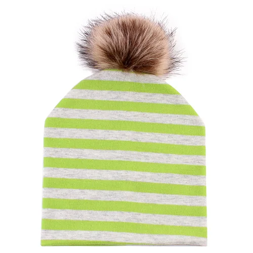 Baby Stripe Green Модная детская шапка, детская шапка из искусственного меха, хлопковая шапка с помпоном для детей, зимние шапки для мальчиков и девочек, шапки из искусственного меха - Цвет: Baby Stripe Green