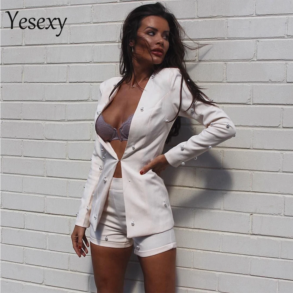 

Yesexy 2021 Women Autumn Winter Sexy Long Sleeve Button Two Pcs Sets Solid Color Elegant Playsuit VR8550