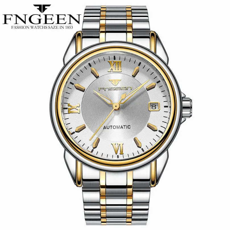 steel two tone white FNGEEN, новая мода, топ, люксовый бренд, часы для мужчин, деловые часы, нержавеющая сталь, часы для мужчин, Автоматическая Дата, Relogio Masculino - Цвет: steel two tone white