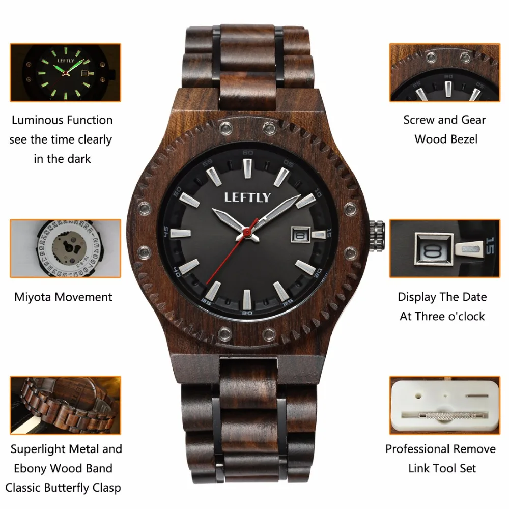 Мужские деревянные часы LEFTLY кварцевый механизм Легкий Деревянный светящийся