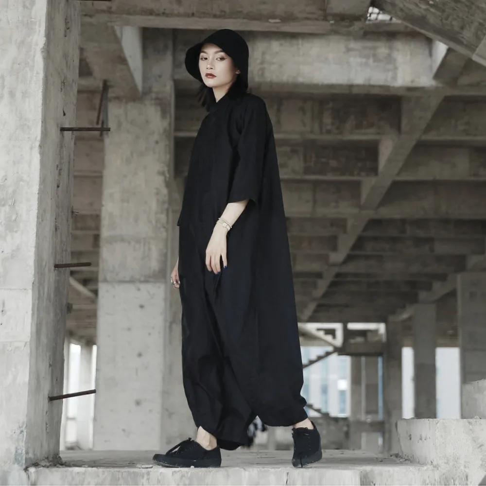 Cakucool Dark Black Women Cross Jumpsuits Loose Large Size Casual Rompers Gothic | Женская одежда