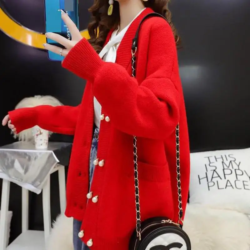 

Zuolunouba Autumn Winter Red Clothes Women Sweater Beaded Harajuku Pocket Loose Long Sleeves Lady Knitr Cardigan Tops Female