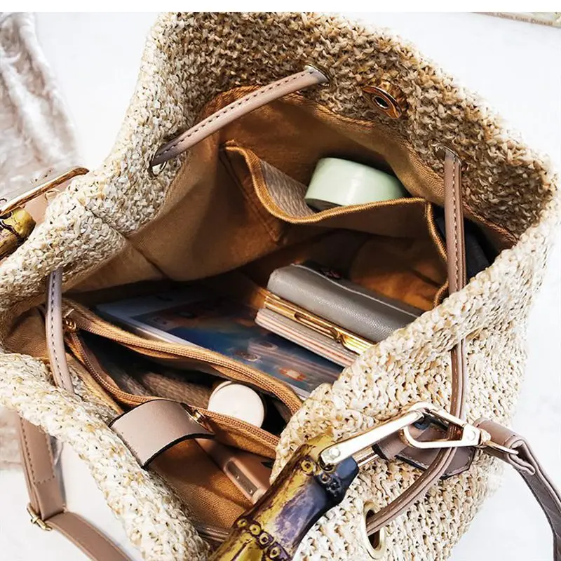 

2019 Casual Holiday Crossbody Bag Bamboo Handle Handbags Beach String Women Bucket Bags Female Summer Knitting Straw Bags M128