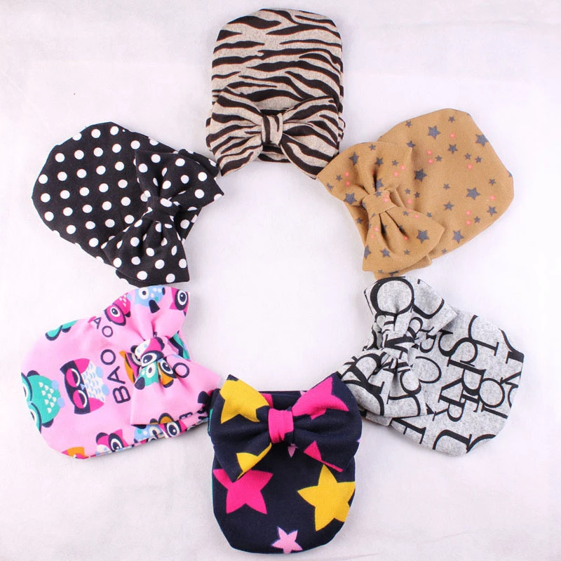 Gorro de algod&oacute;n con estampado Floral para beb&eacute;, gorro de estrella para ni&ntilde;a, gorros con lazo, accesorios para oto&ntilde;o e invierno, novedad-0