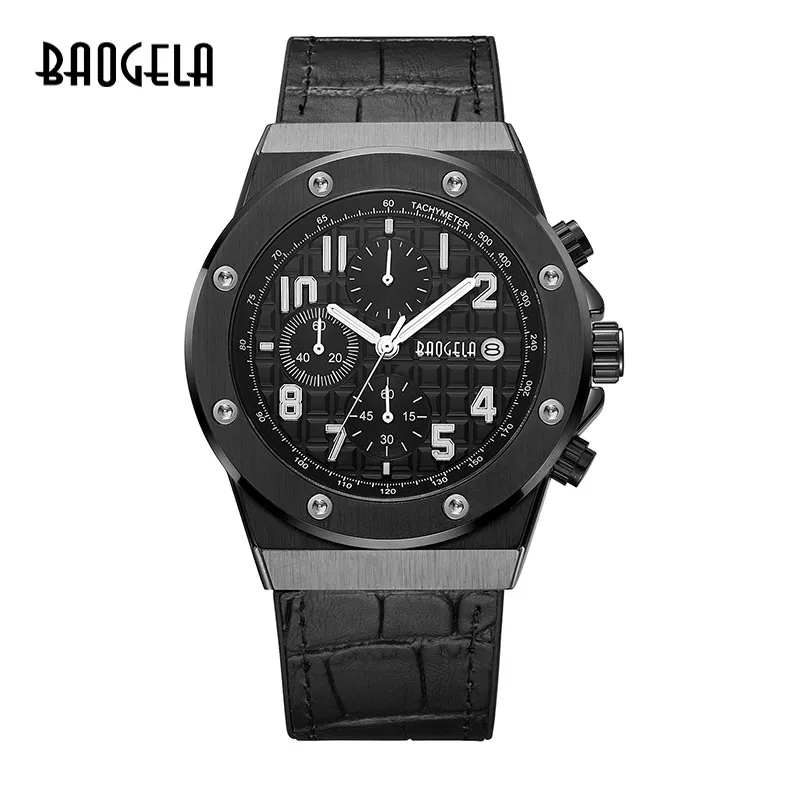 BAOGELA Homme Nouveau кварцевый браслет Montres, Chronographe, дизайнерский, светящийся, мужской, Cuir браслет, Relog - Цвет: BGL1805 Black
