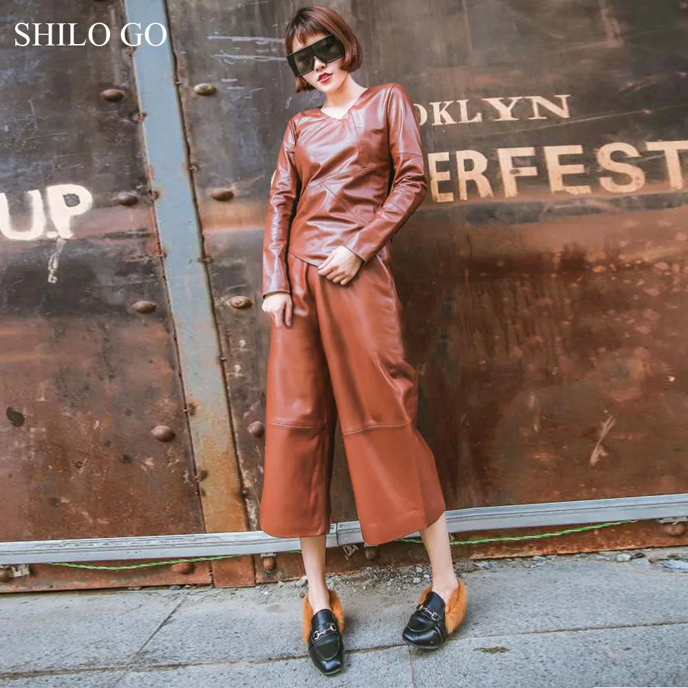 Женские кожаные брюки SHILO GO летние коричневые широкие из натуральной овечьей