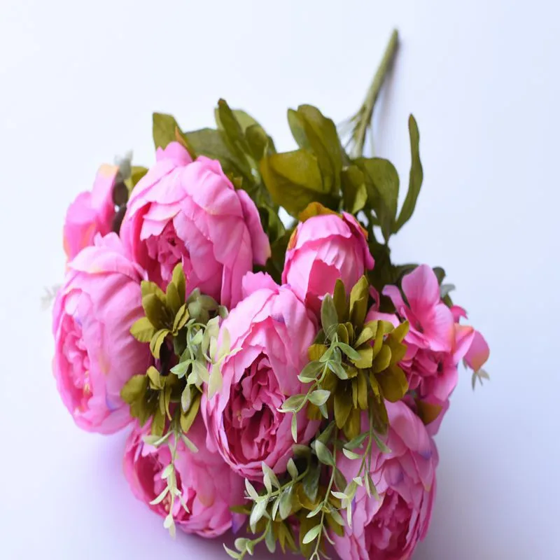 Fuchsia 13 голов/Букет искусственных цветов, высокое качество, Шелковый цветок, Европейский осенний яркий пион, Искусственный лист, свадебные, вечерние, для дома - Цвет: Fuchsia