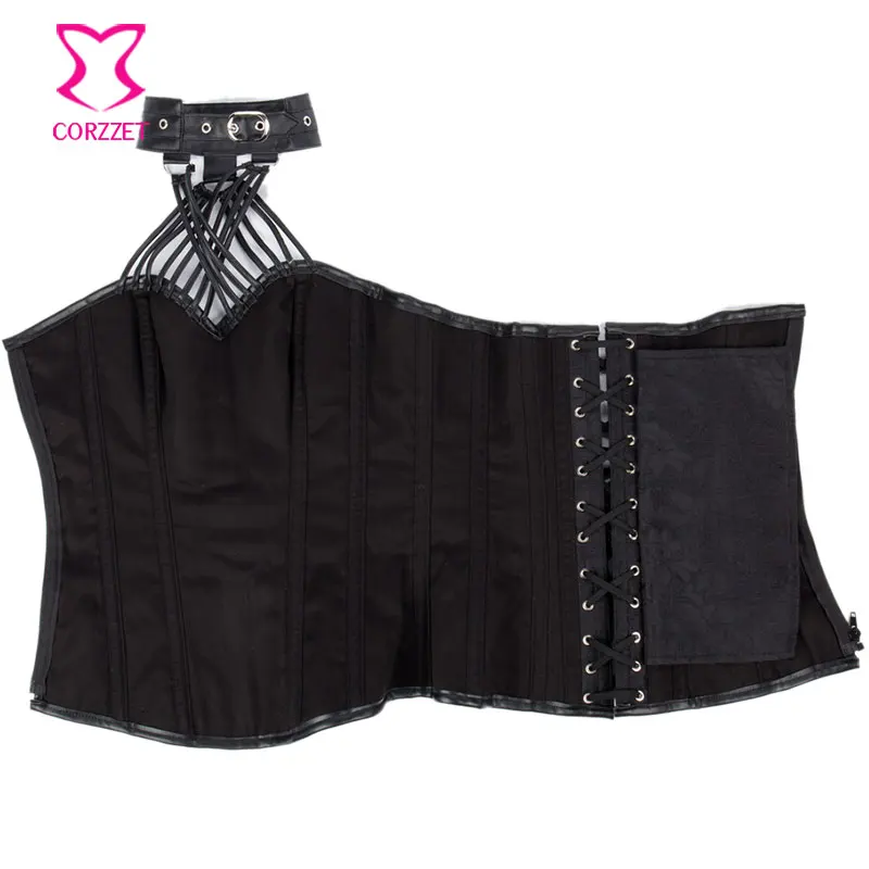 Черный готический корсет с открытыми плечами на бретельках со стальными