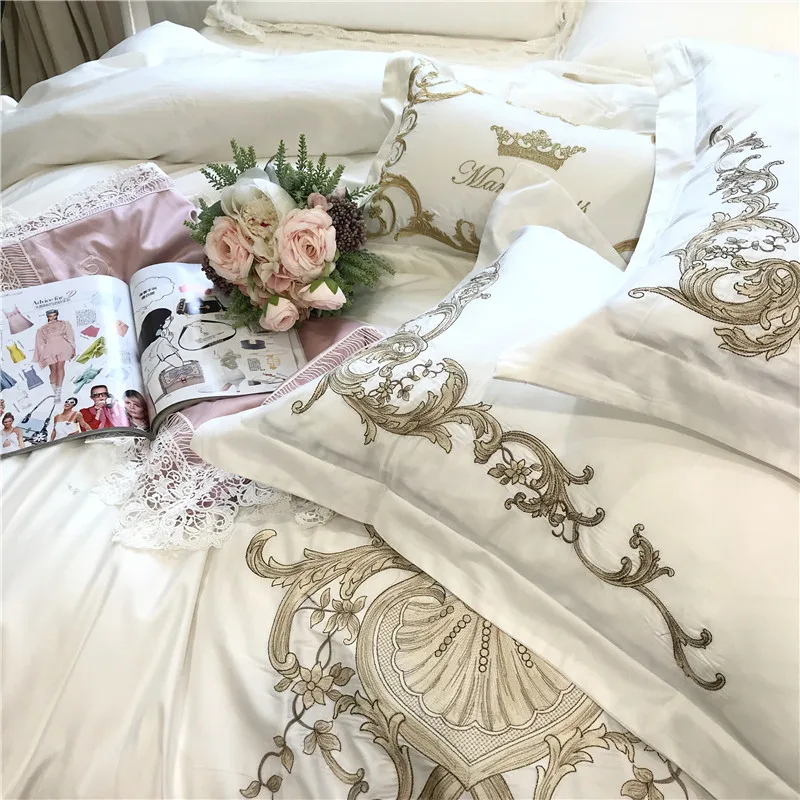 

4/7pcs White Pink Luxury Golden Embroidery 80S Egyptian Cotton Bedding Set King Queen Size Duvet Cover Bed Sheet Pillowcases