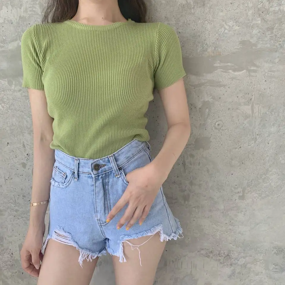 

Tide Rainbow Color Plain Short Sleeve Women T-Shirts Tide Summer Round Neck Short Knitted Tee