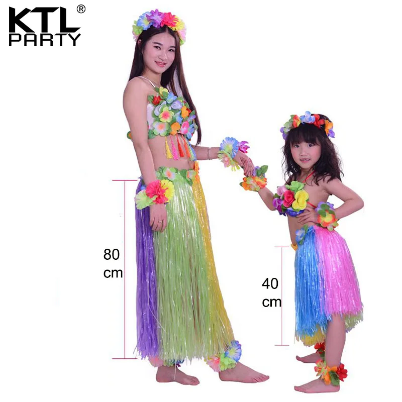 KTLPARTY Women and girls rianbow color hula skirt set Mother/80cm + daughter/40cm Hawaiian Grass costumes | Дом и сад