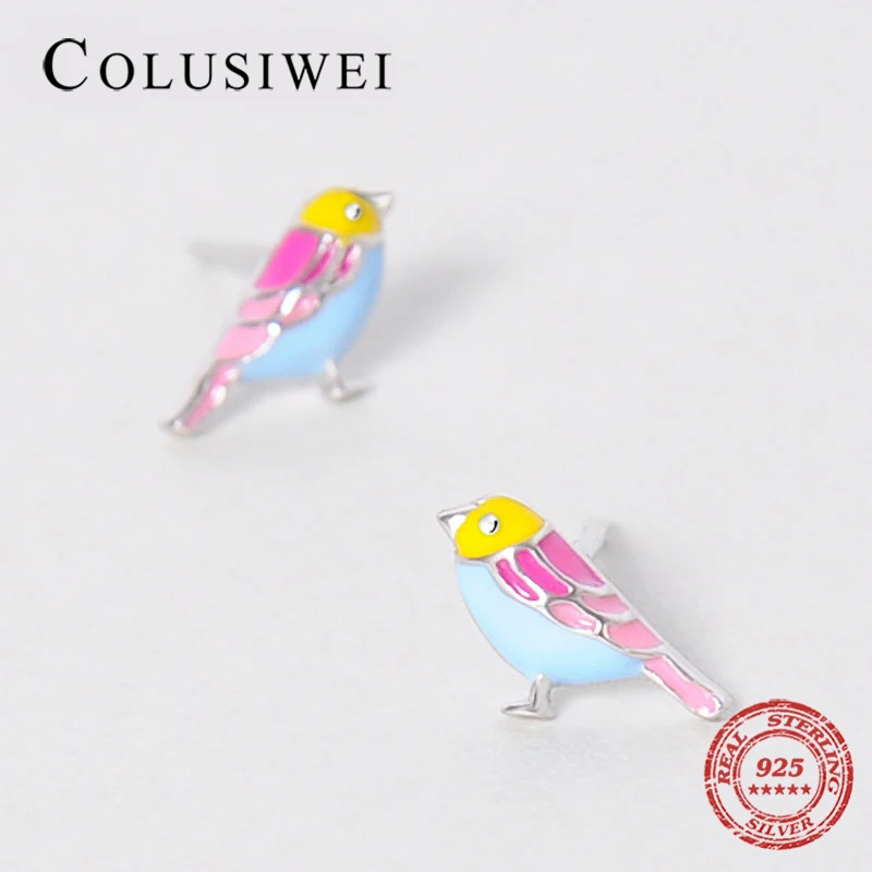 

2019 New Ins Style Design 925 Solid Silver Colorful Enamel Bird Cute Stud Earrings For Women & Girl Fashion Party Silver Jewelry