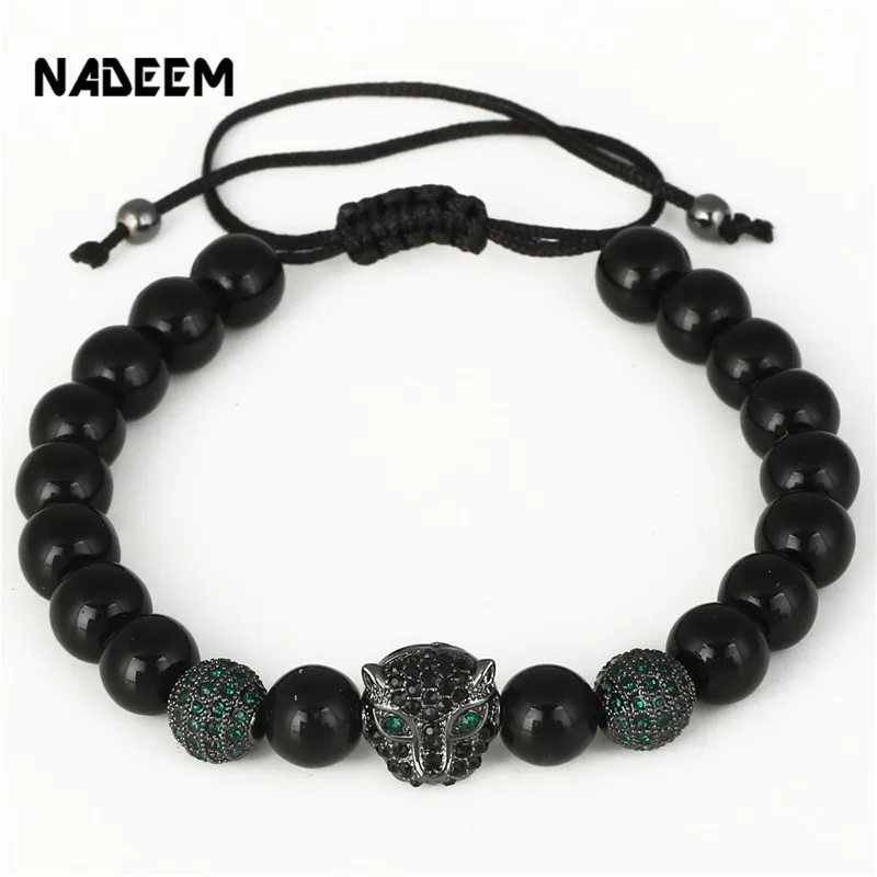 NADEEM Newest Arrival Fashion Men's Micro Pave CZ Leopard Head Charm Braided Macrame Bead Bracelet Adjustable Punk | Украшения и