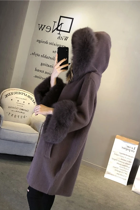 High Quality Women Real Fox Fur Hooded Cardigan Mink Cashmere Zipper Long Sleeve Winter Autumn Warm Kintted Coat |