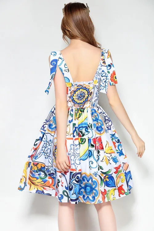 2019 New Dresses Women Summer Dress Vacation Holiday Style Blue Print Spaghetti Strap Vestidos | Женская одежда