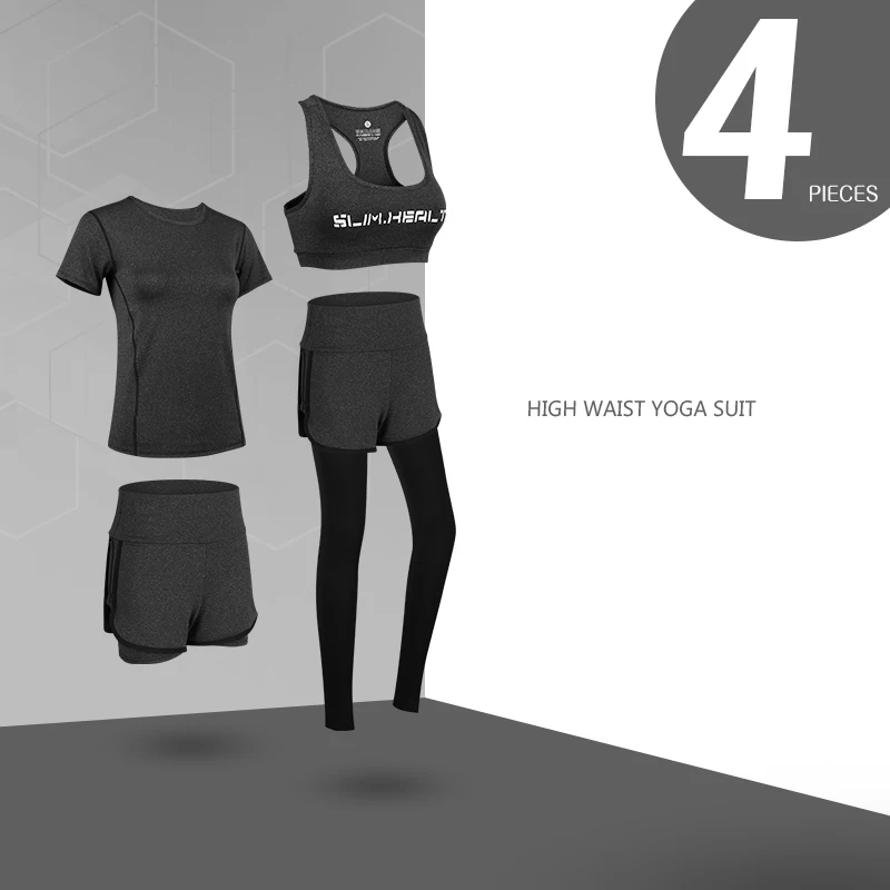4 Piece Dark Gray Стоящий женский спортивный костюм для йоги, набор спортивной одежды для спортзала, фитнеса, костюм для бега, бега, тренировок, тренировочная одежда, комбинезон - Цвет: 4 Piece Dark Gray