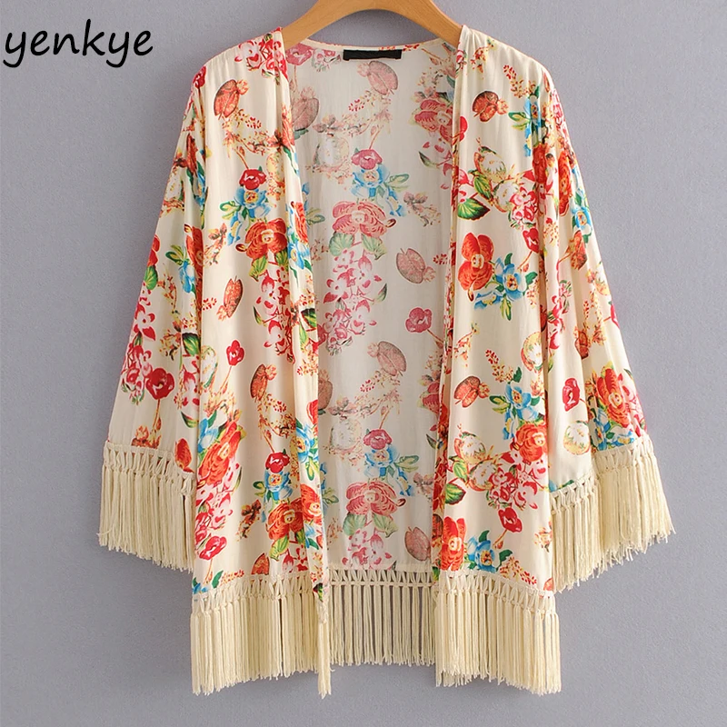 Boho 2018 Для женщин с цветочным принтом подол кисточка кимоно Женский рукав